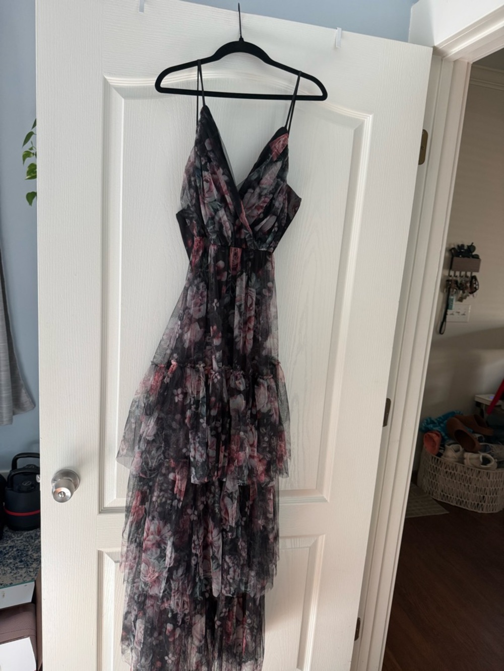 Lulu's Black Floral Tiered Mesh Maxi Dress with Pink Accents - Picture 2 of 3